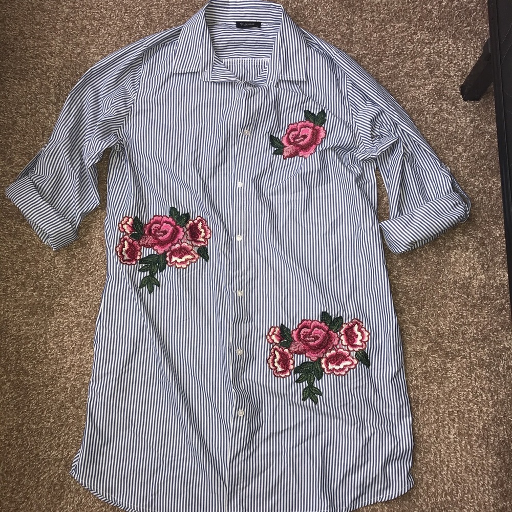 Striped Blue & White Dress w/ Roses